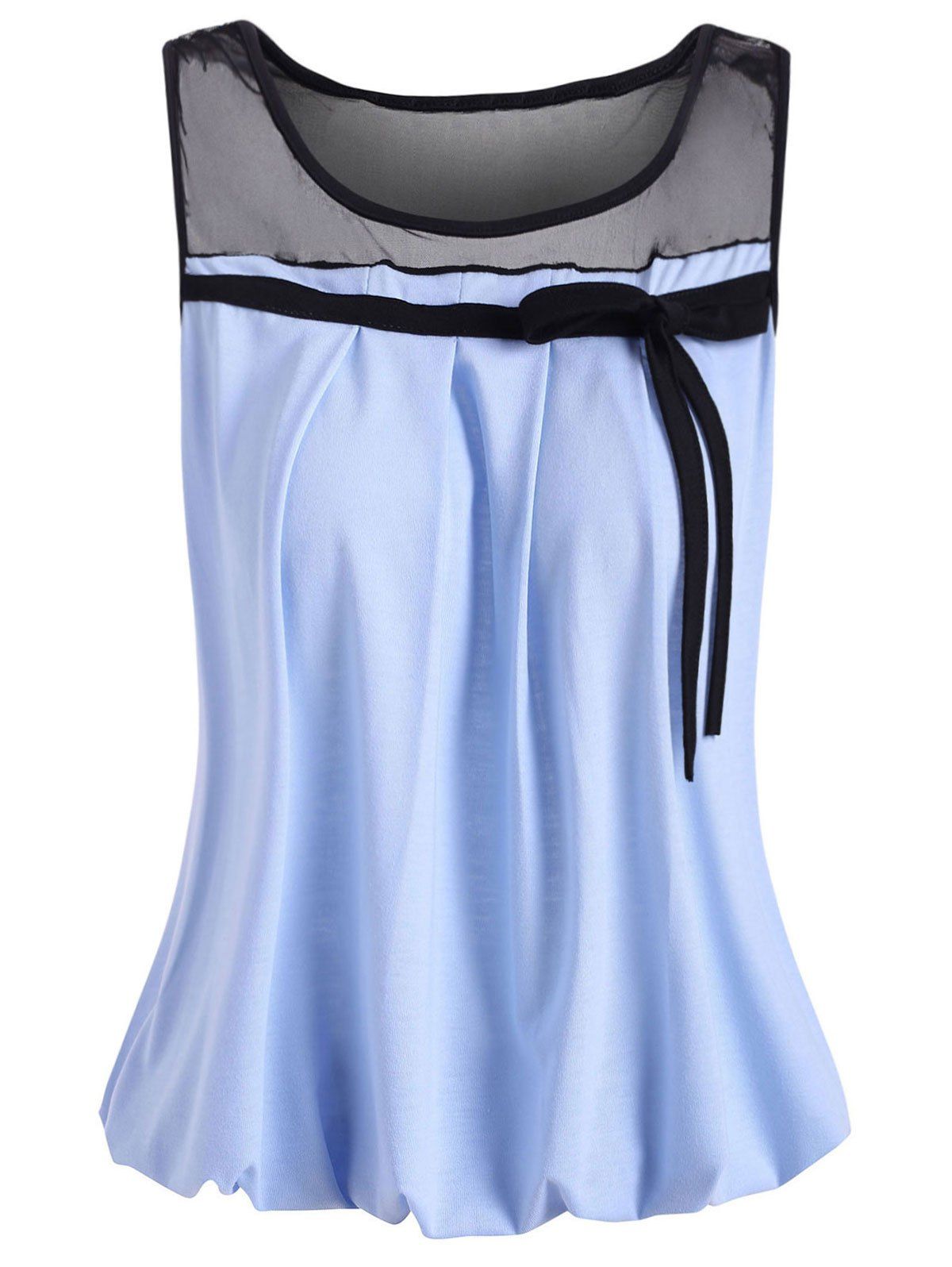 

Mesh Panel Sheer Pleated Blouson Tank Top, Light sky blue