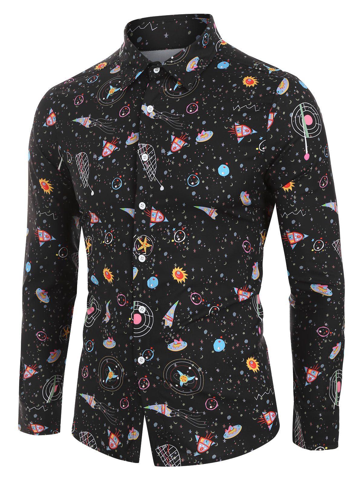 

Space Rocket Print Button Up Long Sleeve Shirt, Black