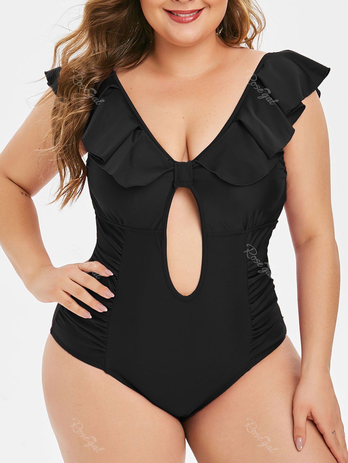 Fancy Plus Size 1950s Flounce Ruched Low Back Tied Plunge Swimsuit  