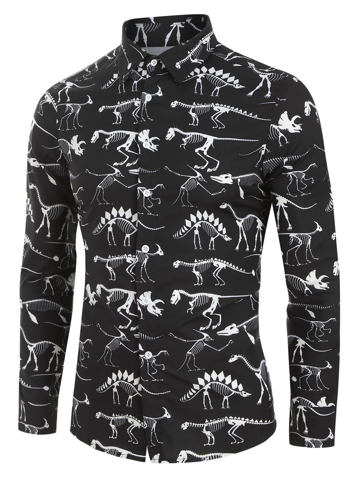 Dinosaur Skeleton Print Button Up Long Sleeve Shirt [32 OFF] Rosegal