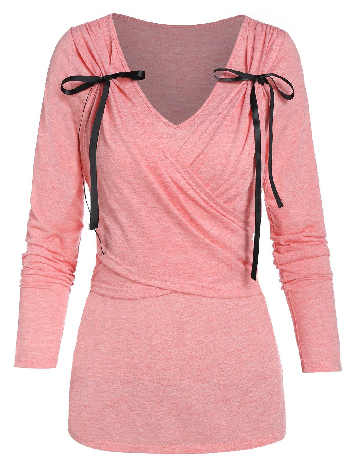 

Bowknot Detail V Neck Crossover T-shirt, Pink