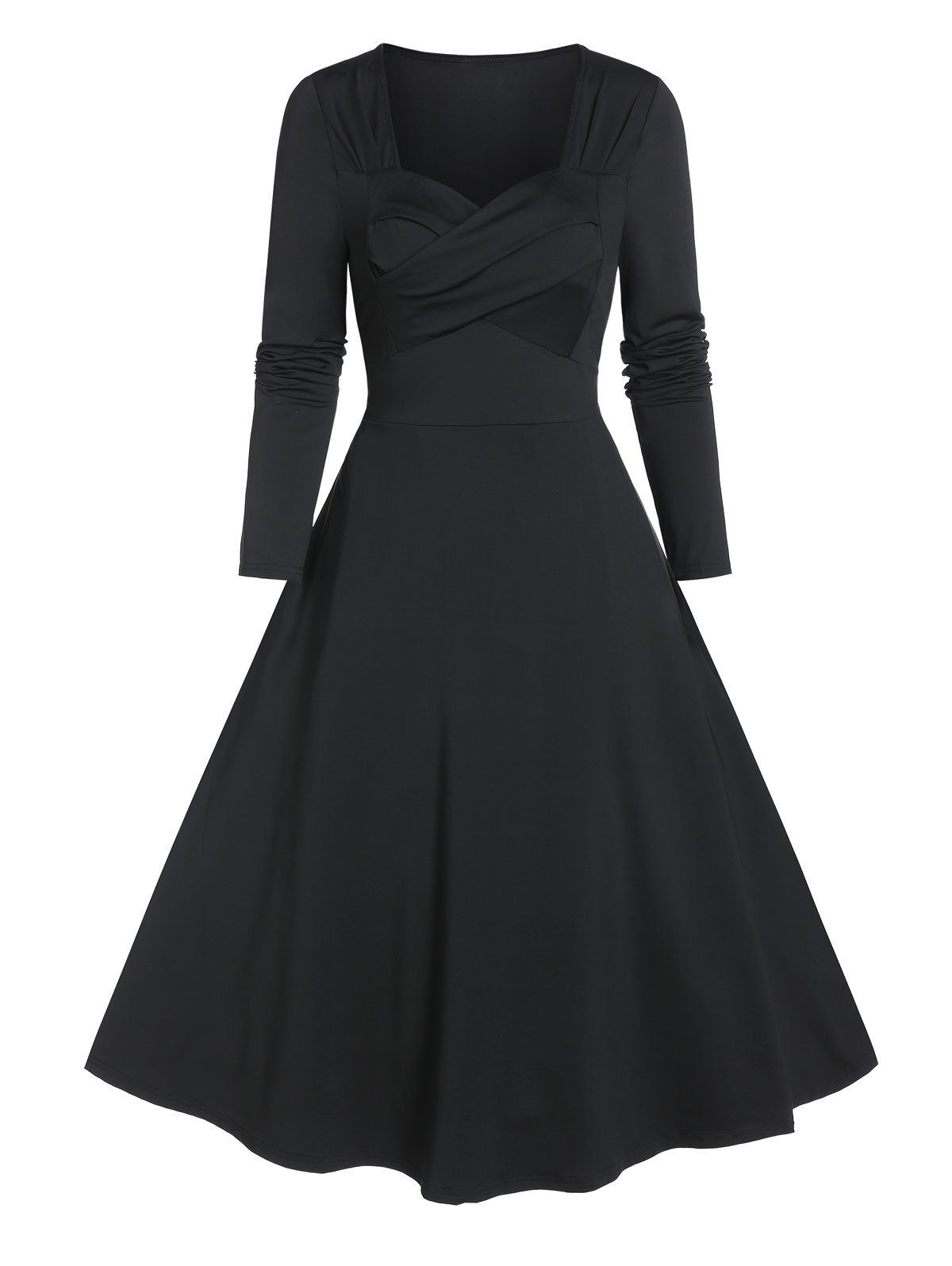 

Plain Sweetheart Neck Long Sleeve A Line Dress, Black