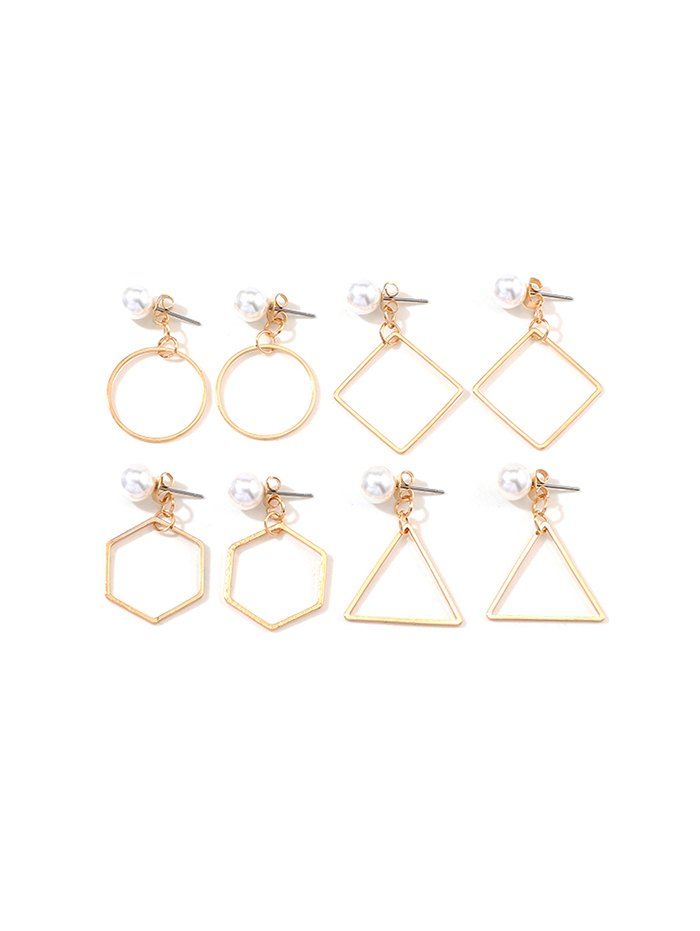 

4Pairs Geometric Hollow Faux Pearl Earrings Set, Gold