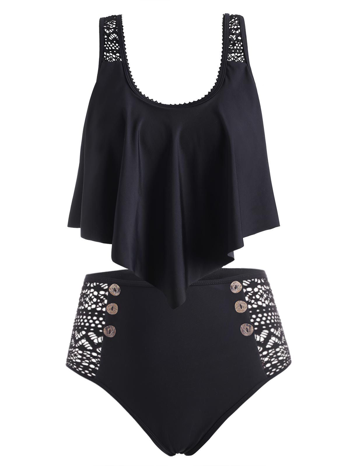 

Lace Panel Mock Button Flounce Overlay Tankini Swimsuit, Black