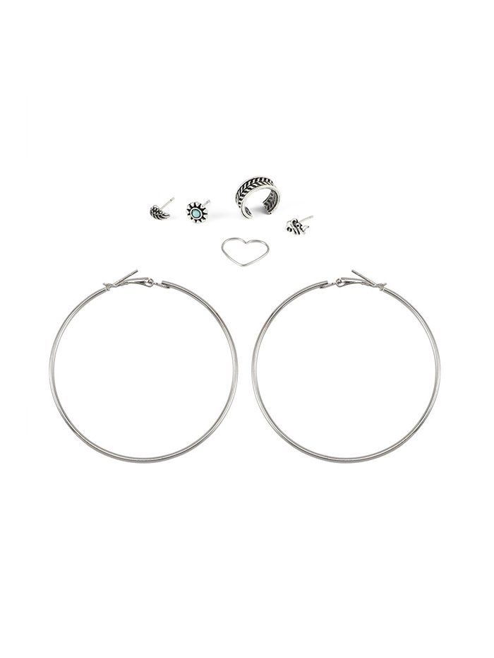 

7Pcs Circle Turquoise Heart Flower Earrings Set, Silver