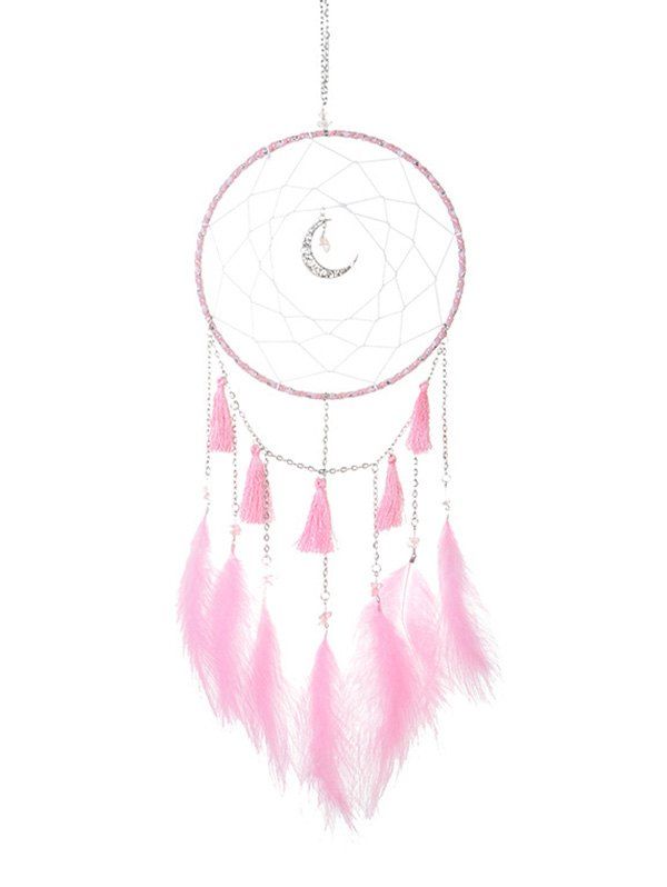 

Handmade Crescent Tassel Feather LED Light Dream Catcher, Pig pink