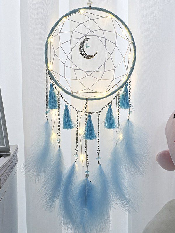 

Handmade Crescent Tassel Feather LED Light Dream Catcher, Deep sky blue