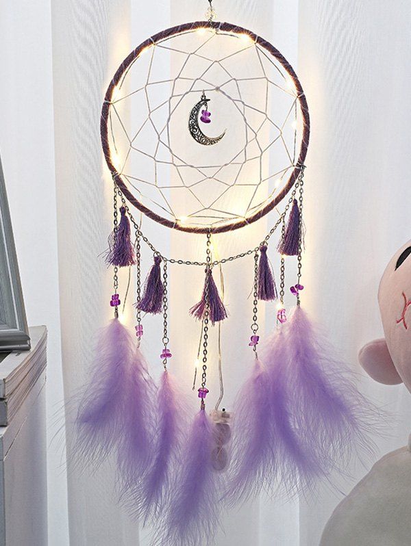 

Handmade Crescent Tassel Feather LED Light Dream Catcher, Tyrian purple