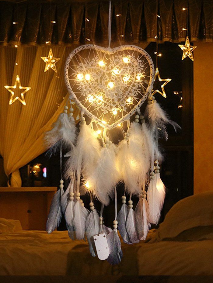 

Lace Insert Feather LED Light Heart Dream Catcher, White