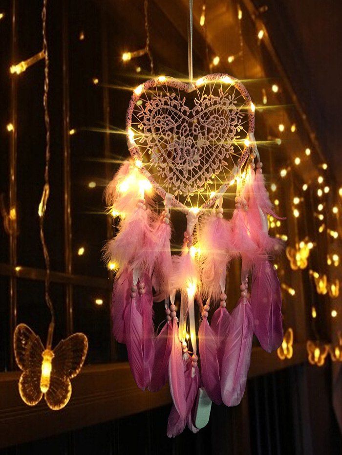

Lace Insert Feather LED Light Heart Dream Catcher, Blush red