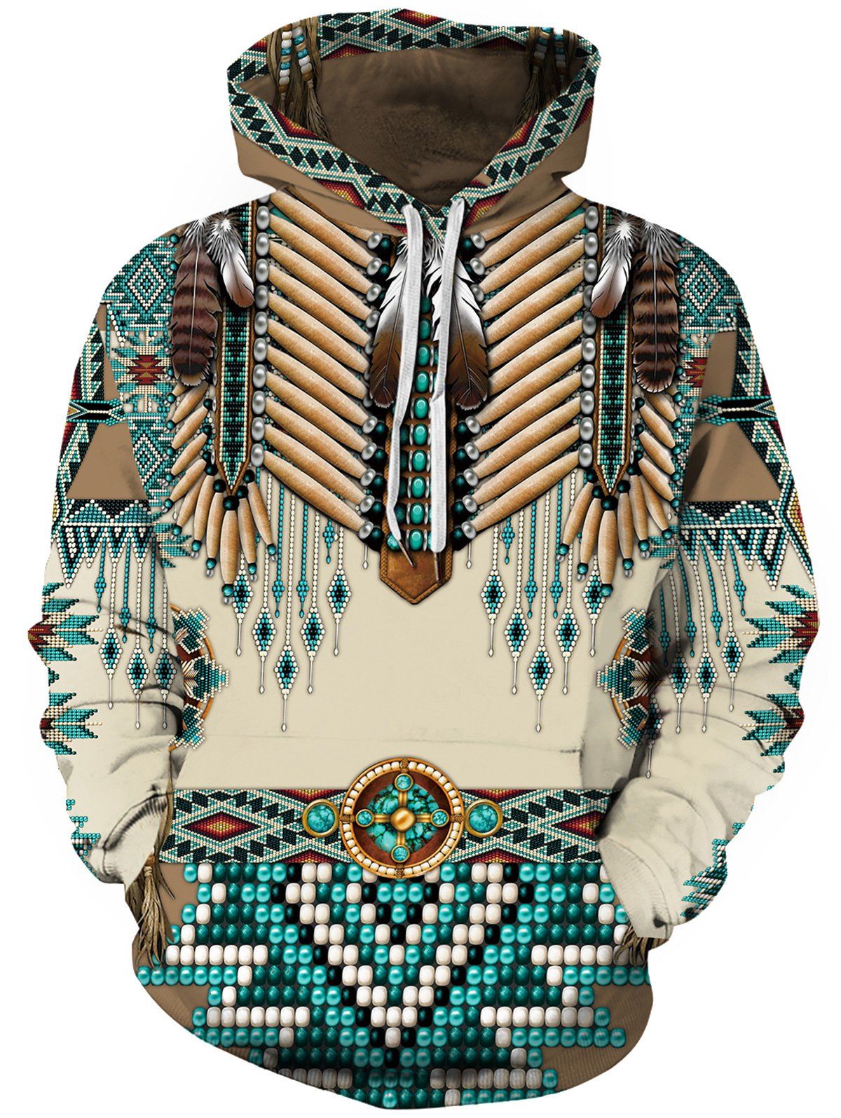 

Feather Tribal Print Pouch Pocket Hoodie, Multi