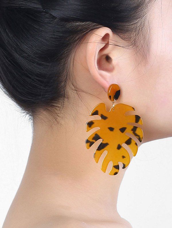 

Tortoise Pattern Tropical Leaf Large Drop Earrings, Bee yellow