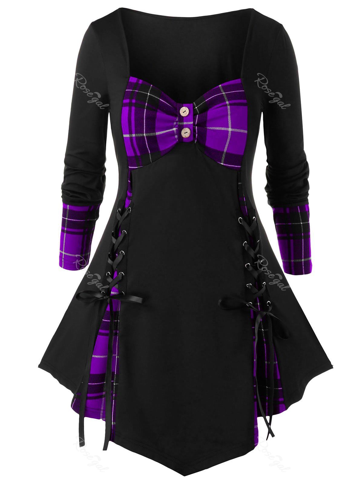 

Plus Size Plaid Bowknot Lace Up T-Shirt, Violet