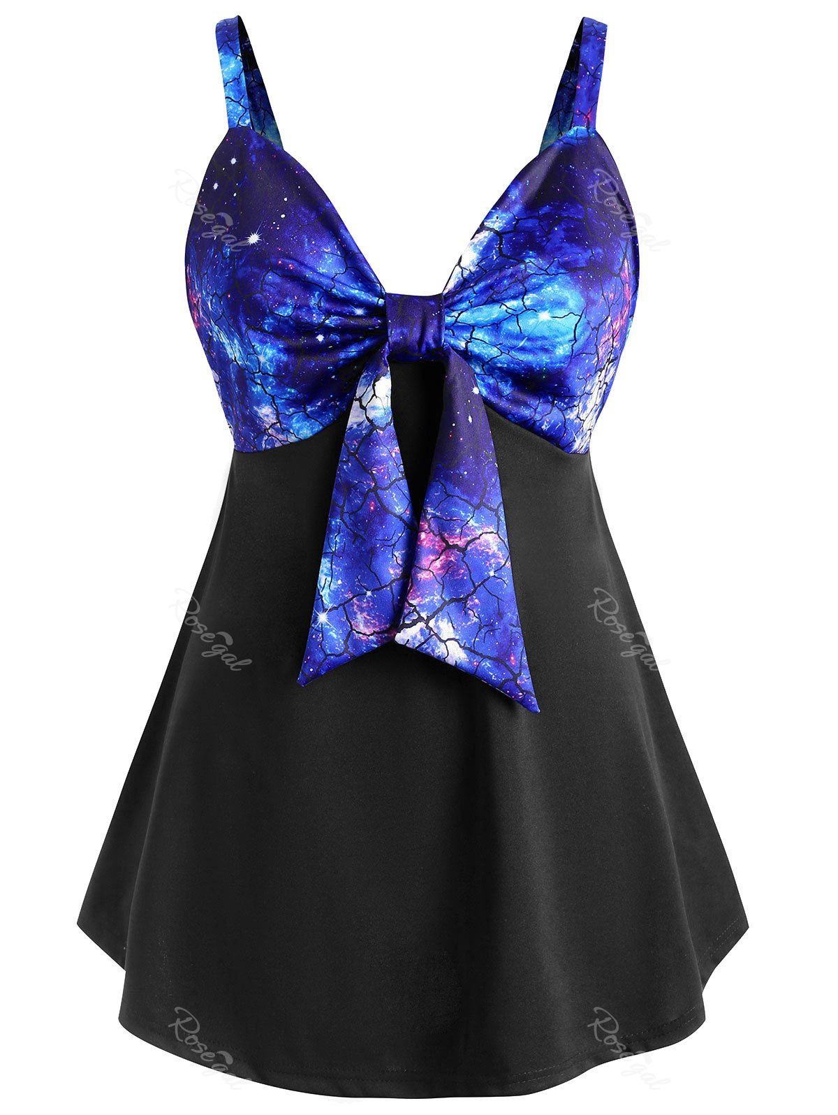 

Plus Size Front Knot 3D Galaxy Print Tank Top, Black