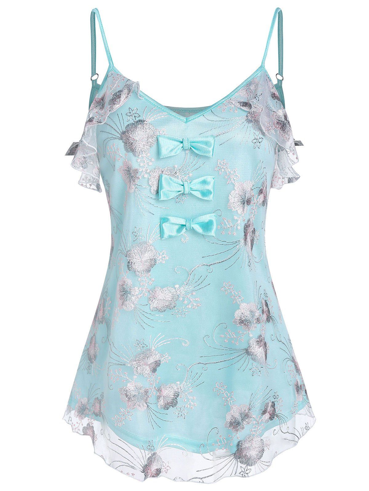 

Flower Embroidered Bowknot Embellished Mesh Cami Top, Celeste