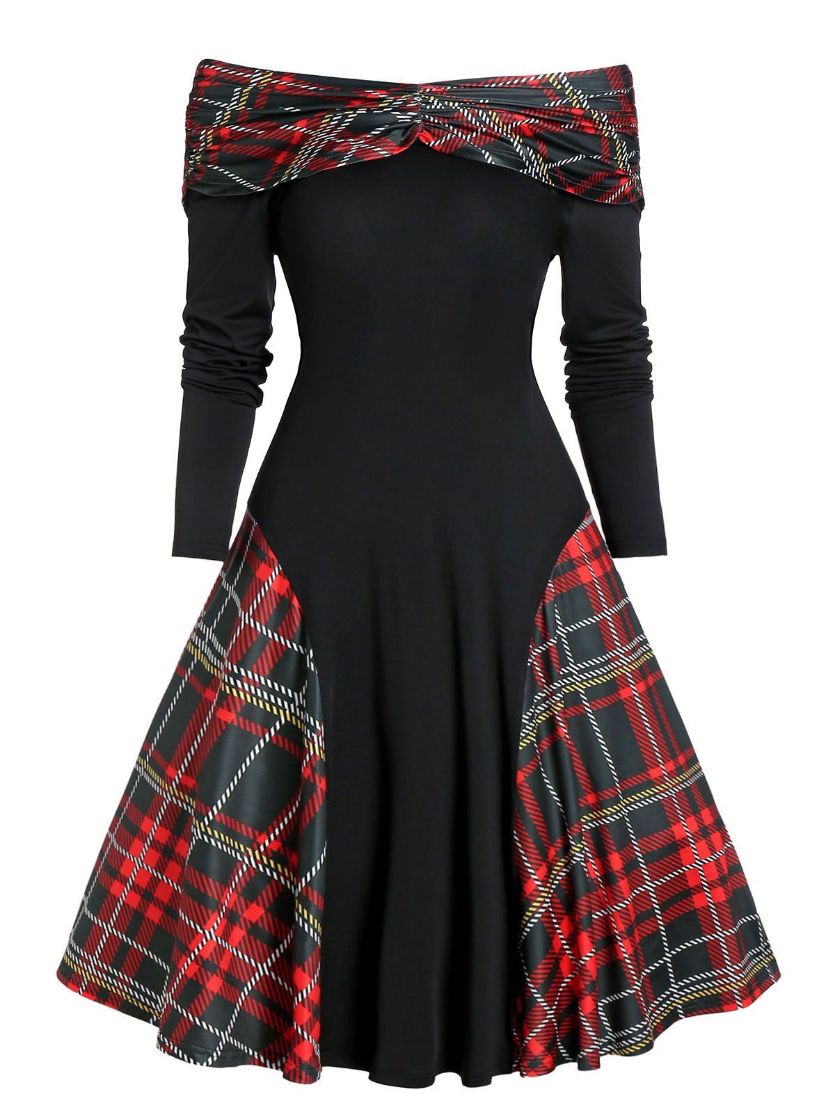 

Off Shoulder Plaid Panel Ruched Long Sleeve Dress, Multi-a