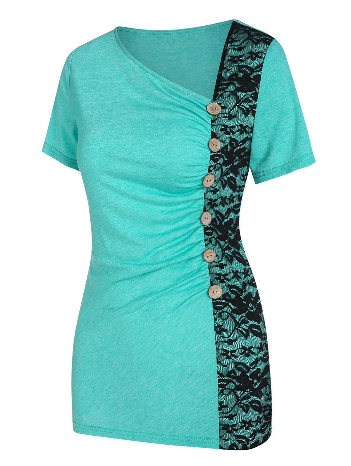 

Skew Neck Ruched Lace Insert T Shirt, Medium turquoise