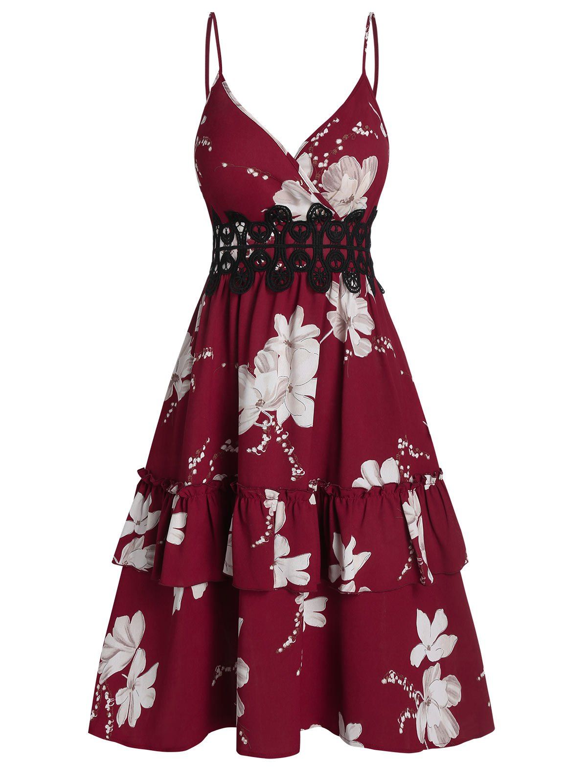 

Flower Print Ruffle Spaghetti Strap Dress, Red wine