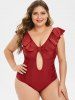 Maillot de Bain d'Années 1950 Plongeant Noué au Dos Bas de Grande Taille à Volants - Rouge Vineux 5X