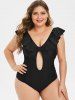 Maillot de Bain d'Années 1950 Plongeant Noué au Dos Bas de Grande Taille à Volants - Noir 5X