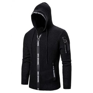 

Letter Print Drawstring Knitted Hooded Cardigan, Black