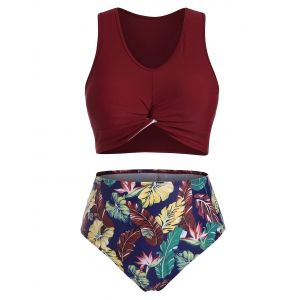 

Flamingo Leaves Print Twist Hem Plus Size Tankini Swimsuit, Red wine