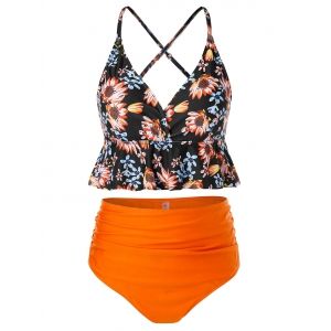 

Plus Size Flounce Floral Print High Rise Tankini Swimsuit, Black