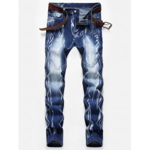 

Stitching Design Print Zip Fly Jeans, Denim dark blue