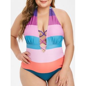 

Plus Size Crisscross Colorblock Backless One-piece Swimsuit, Multi a
