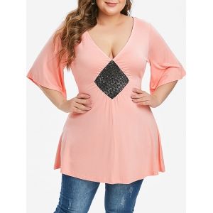 

V Neck Longline Sparkly Sequined Plus Size Top, Pink