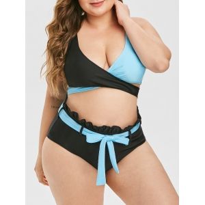 

Tie Waist Ruffles Two Tone Criss Cross Plus Size Bikini Swimsuit, Black