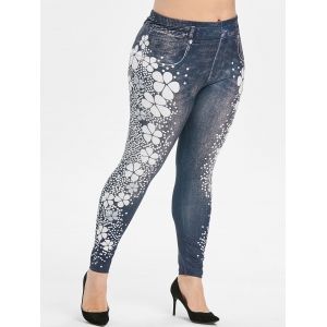 

Plus Size Flower Polka Dot High Waisted 3D Jeggings, Dark slate grey