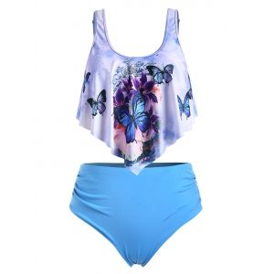 

Plus Size Butterfly Print Overlay Tankini Swimsuit, Crystal blue