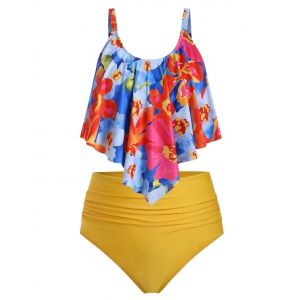 

Plus Size Floral Overlay Ruched High Waist Tankini Swimsuit, Yellow