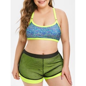 

Plus Size Space Dye Fishnet Overlay Racerback Bikini Set, Green yellow