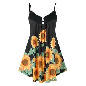 

Plus Size Printed Sunflower Button Slip Tank Top Clothing, Black