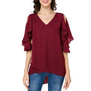 

Cutout Chiffon Butterfly Sleeve Blouse, Red wine