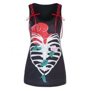 

Valentine Skeleton Heart Flower Print Lace Up Tank Top, Black