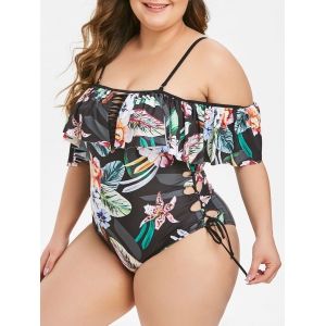 

Plus Size Floral Leaf Flounce Side Lace-up One-piece Swimsuit, Black