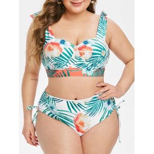 

Plus Size Floral Leaf Knot Cinched Push Up Bikini Swimsuit, Multi