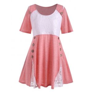 

Plus Size Flower Lace Button Embellished T-shirt, Pink