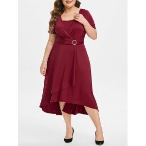 

Plus Size Overlap Ring High Waisted Midi A Line Dress, Red wine