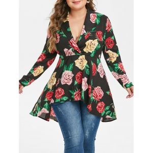 

Plus Size Plunging Neck High Low Floral Blouse, Black
