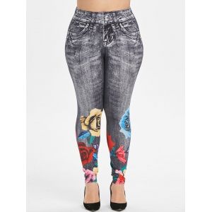 

Plus Size Floral Print Skinny 3D Jeggings, Battleship gray