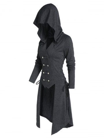 layered lace up high low hooded coat