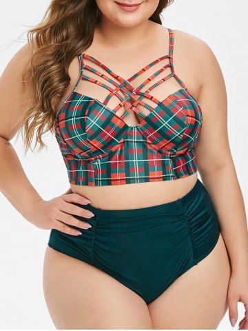 Plus Size 1950s Checked Lattice Ruched Push Up Bikini Swimsuit - DARK FOREST GREEN - L