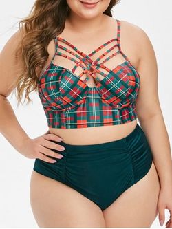Plus Size 1950s Checked Lattice Ruched Push Up Bikini Swimsuit - DARK FOREST GREEN - 3X