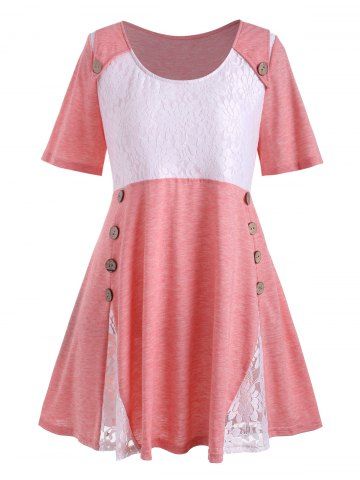 Plus Size Flower Lace Button Embellished T-shirt - PINK - 4X