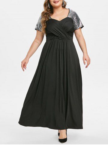 Plus Size Sequin Crossover Maxi Prom Dress - BLACK - L