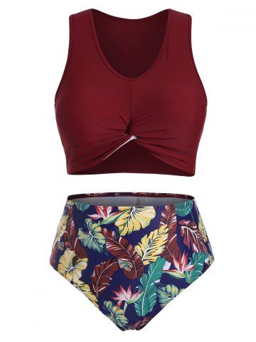 Flamingo Leaves Print Twist Hem Plus Size Tankini Swimsuit - RED WINE - 5X